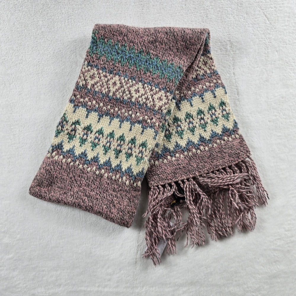 Eddie Bauer Vintage Fair Isle Wool Scarf Pink Blue Geometric Knit Fringed USA